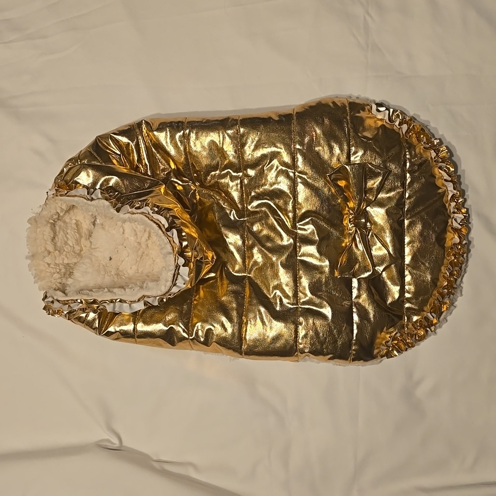VibrantLife Gold Foil Dog Jacket Coat Girl Dog Ruffles Bow Hood Fur Lined Medium